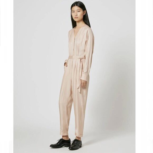 Equipment NWT Pommine Belted Pleated silk blend Satin Jumpsuit Blush Size 2 - Picture 11 of 12